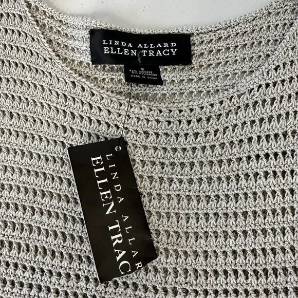 Linda Allard Ellen Tracy Open Knit Top Womens Sz S Crochet Tan Sleeveless Khaki - Picture 6 of 11